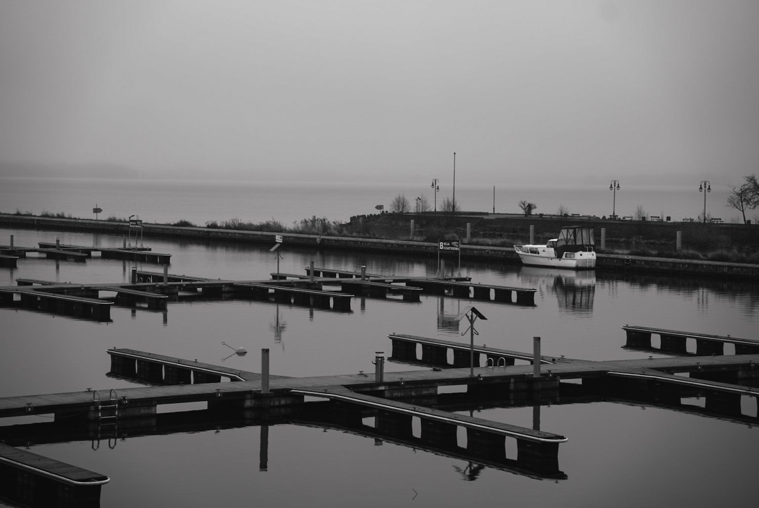 Black and white marina scene with empty boat docks stretching into fog-covered water.