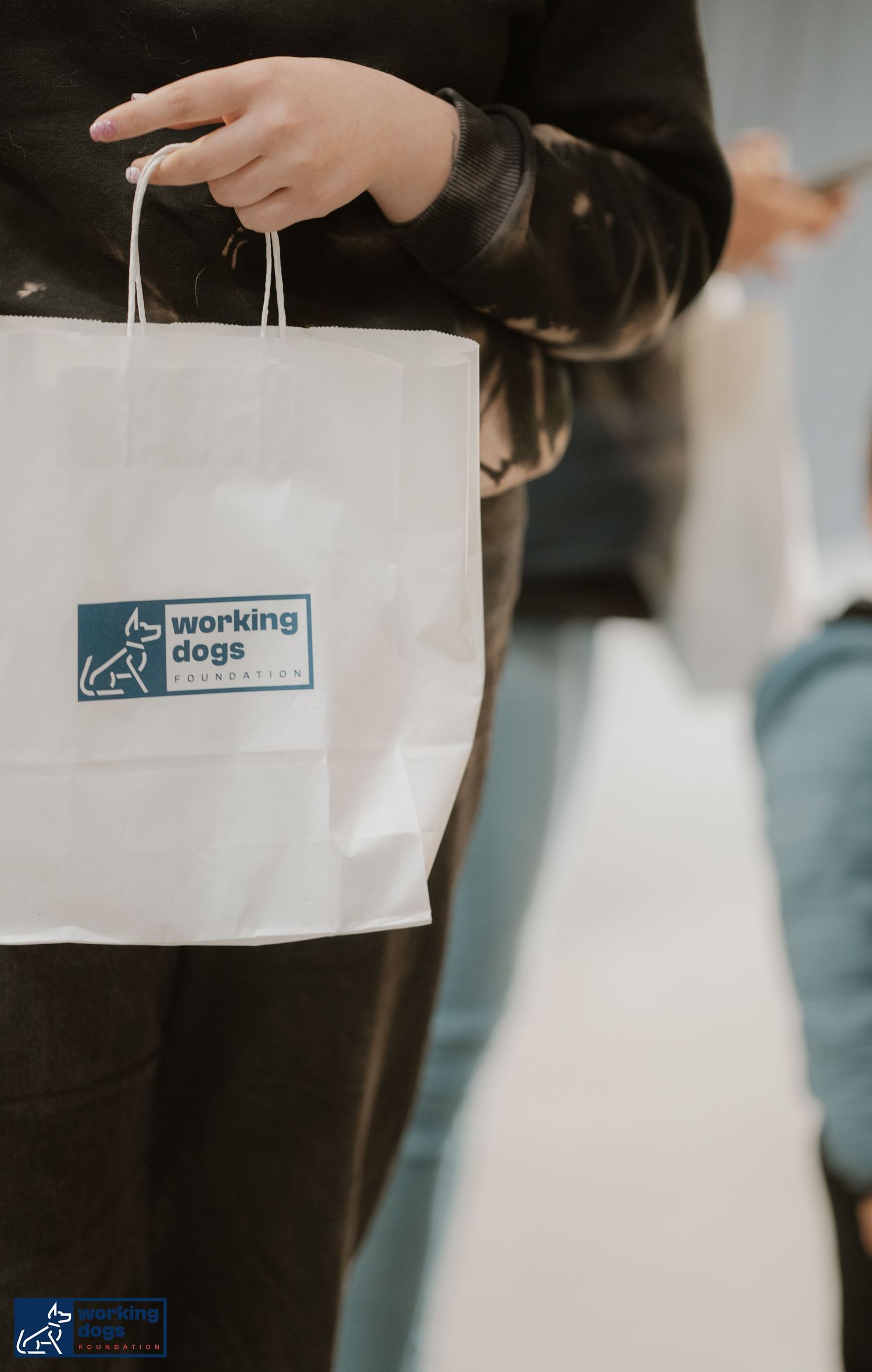 A series of white shopping bags with a blue logo being held, showing multiple instances of similar branded bags.
