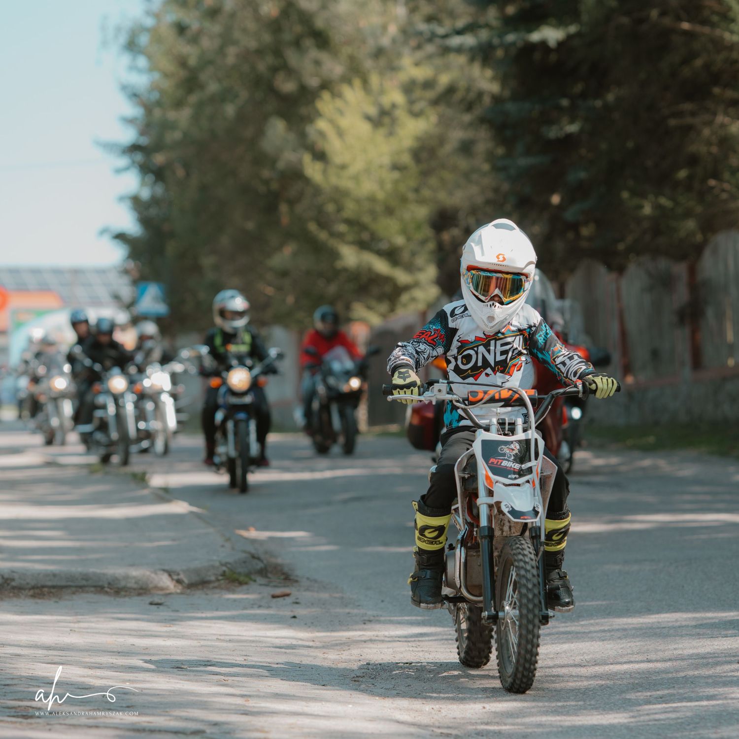 A row of vintage motorcycles lined up on a sunny road showing different motorcycle models and styles.