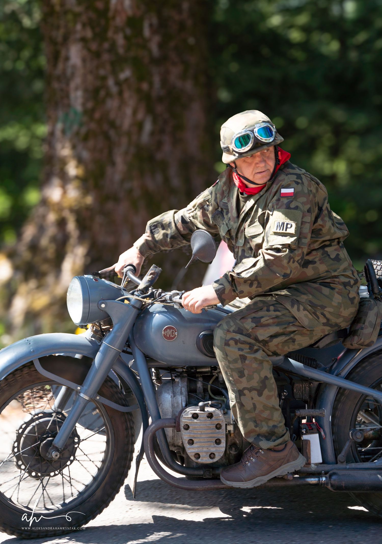 Vintage gray motorcycle with rider wearing military fatigues, goggles and red scarf seated on classic bike in forest setting.