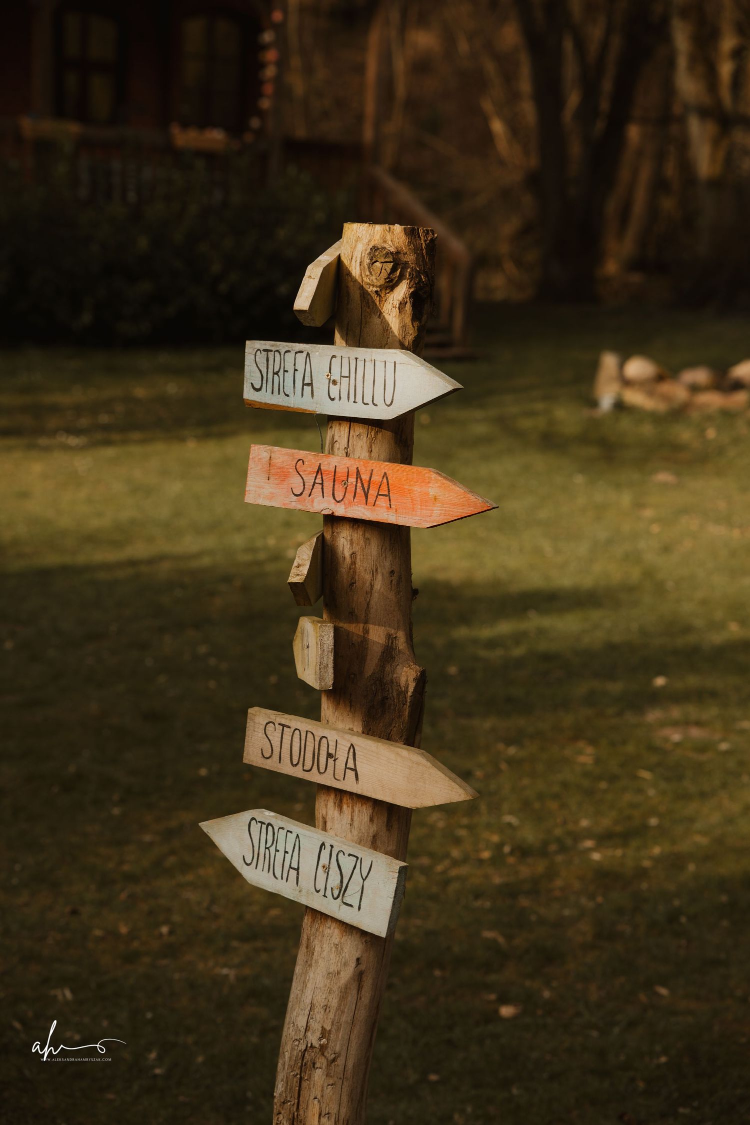 Rustic wooden directional post with multiple arrow signs pointing to different destinations in a natural outdoor setting.