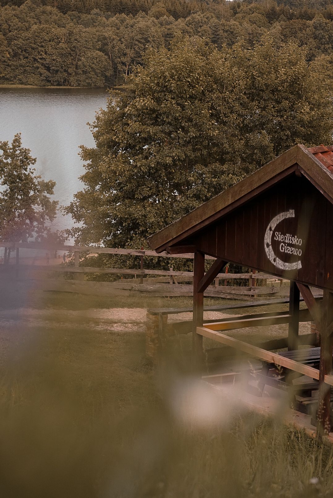 Rustic wooden shelter with picnic tables near a lake surrounded by autumn trees.