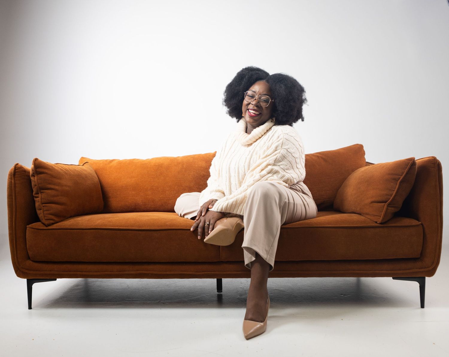 A person in white loungewear reclines on a brown velvet sofa in five progressive poses showing movement and comfort.