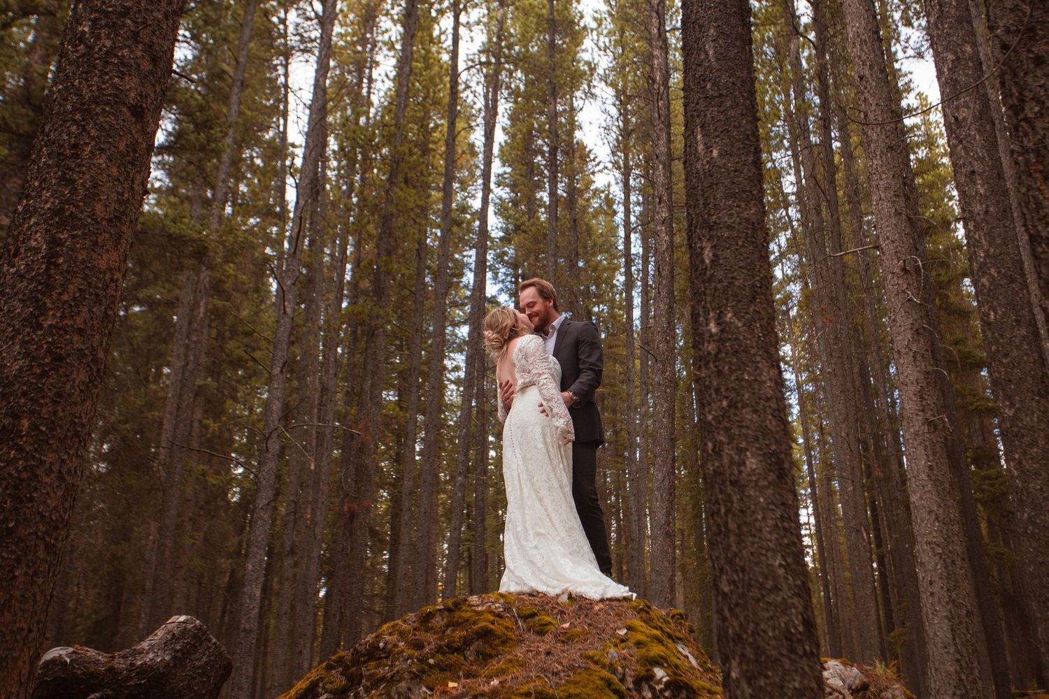 Newlywed couple shares a romantic moment in a towering forest of redwood trees during golden hour.