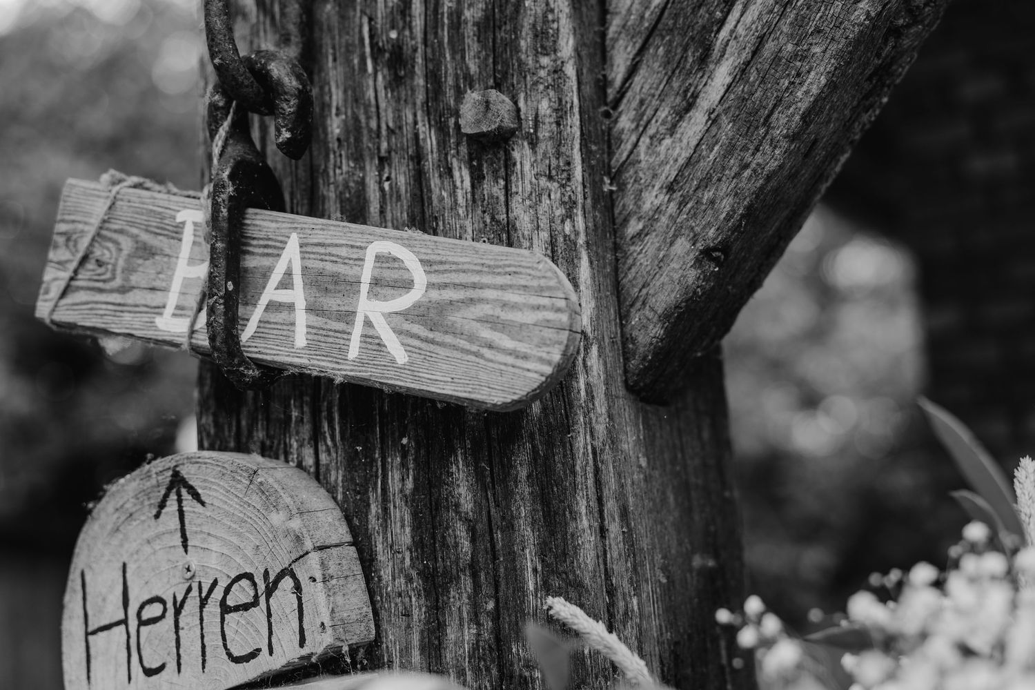Black and white photograph of rustic wooden directional signs mounted on a tree trunk.