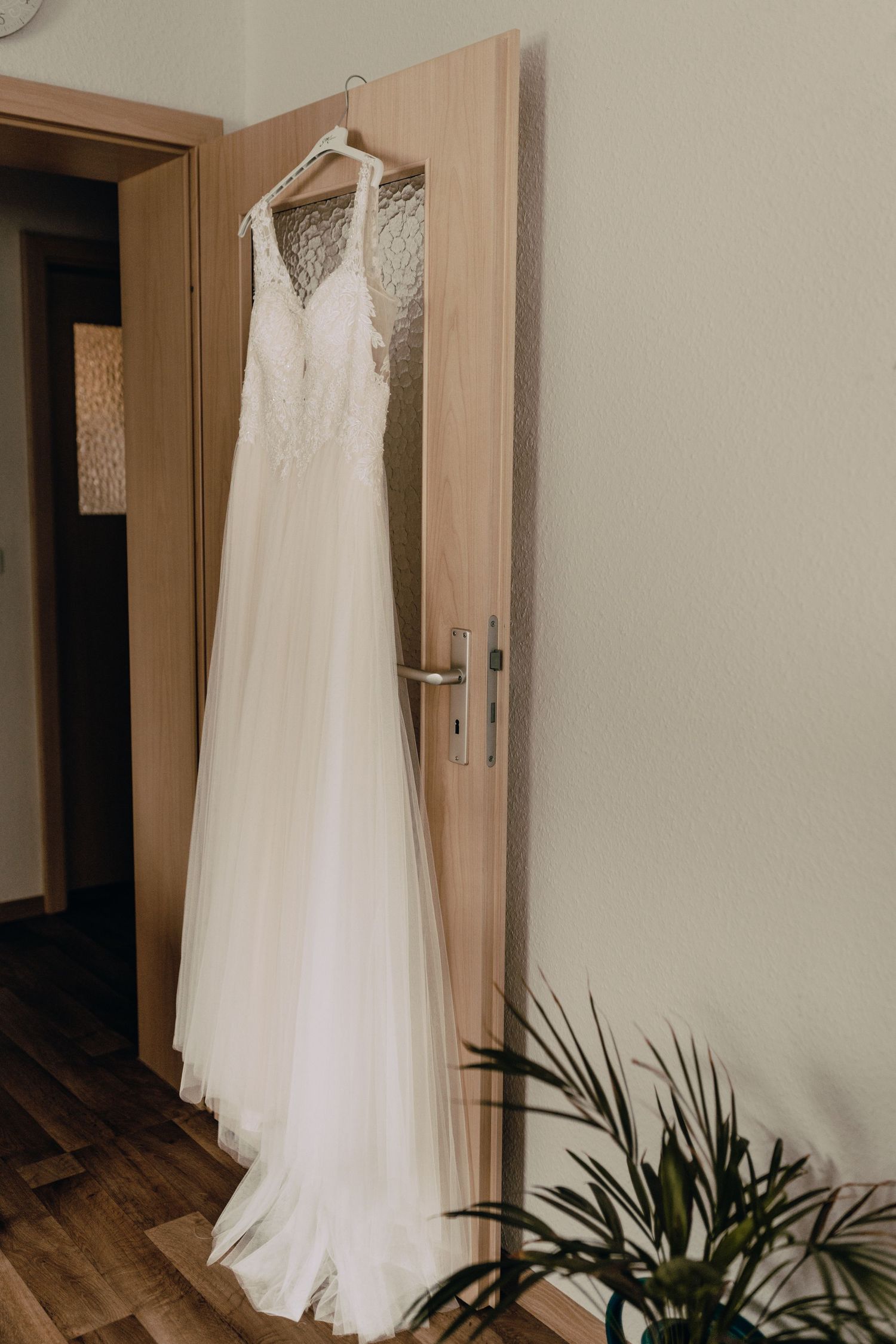 Elegant white wedding dress hanging on wooden door with houseplant in corner.