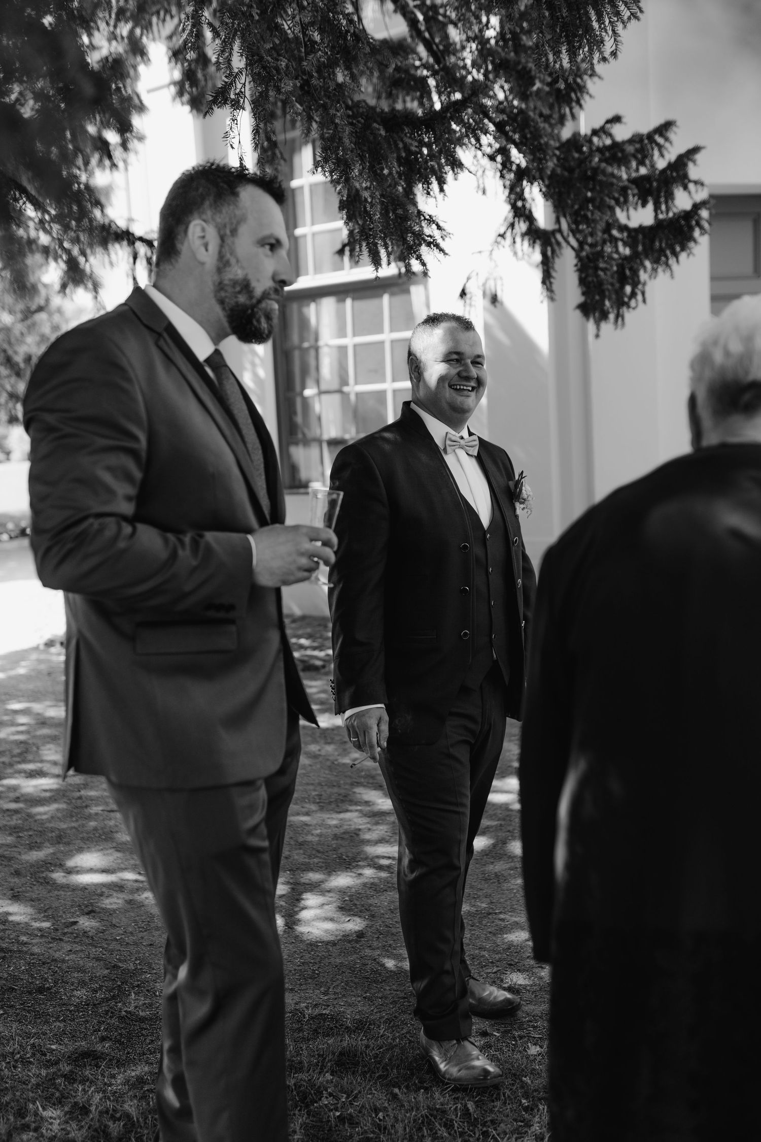 Outdoor gathering on a bright day with formal attire under evergreen trees.