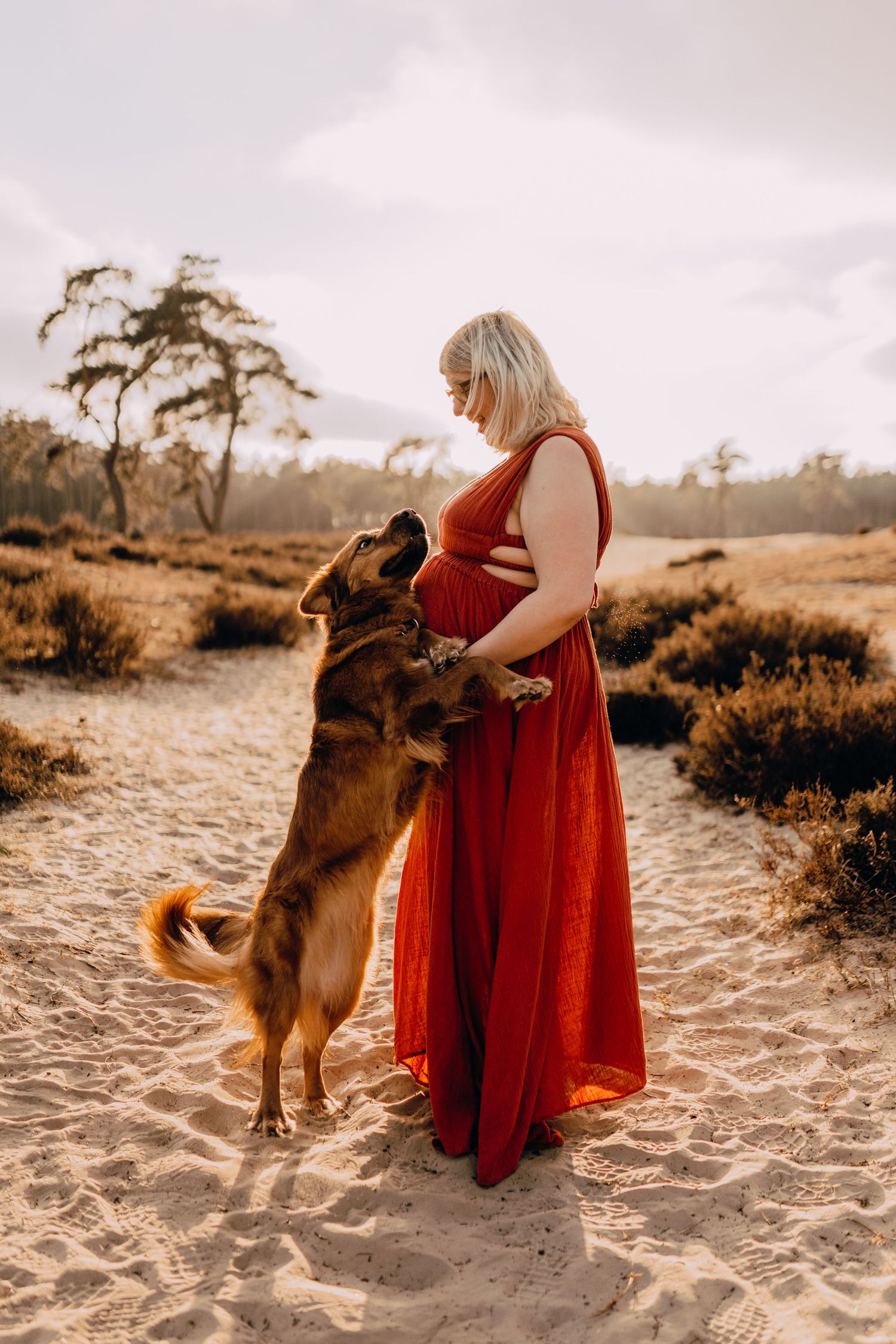 Babybauchfotografie, Glücksmomente Kerstin Jochens, Schwangerschaft, Babybilder, Schleswig-Holstein, Sonnenuntergang, authentisch, Kleid
