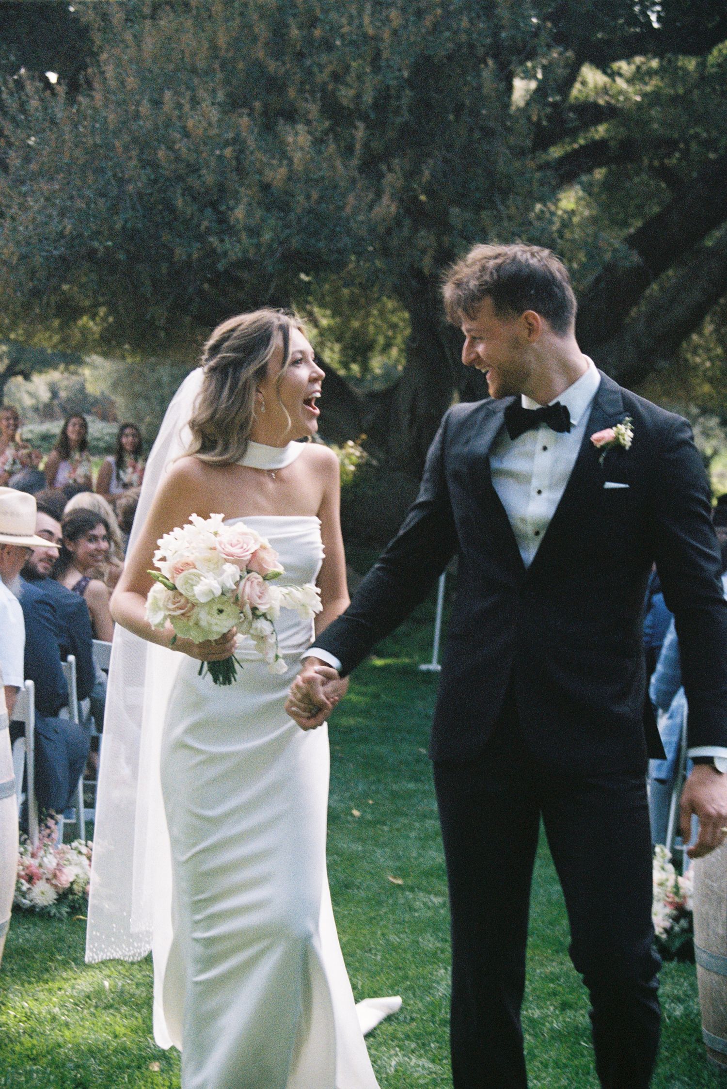 film photo of bride and groom just married