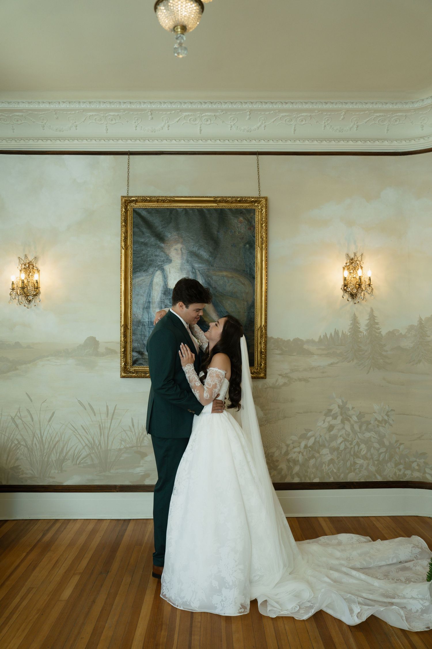 bride and groom in historic mansion