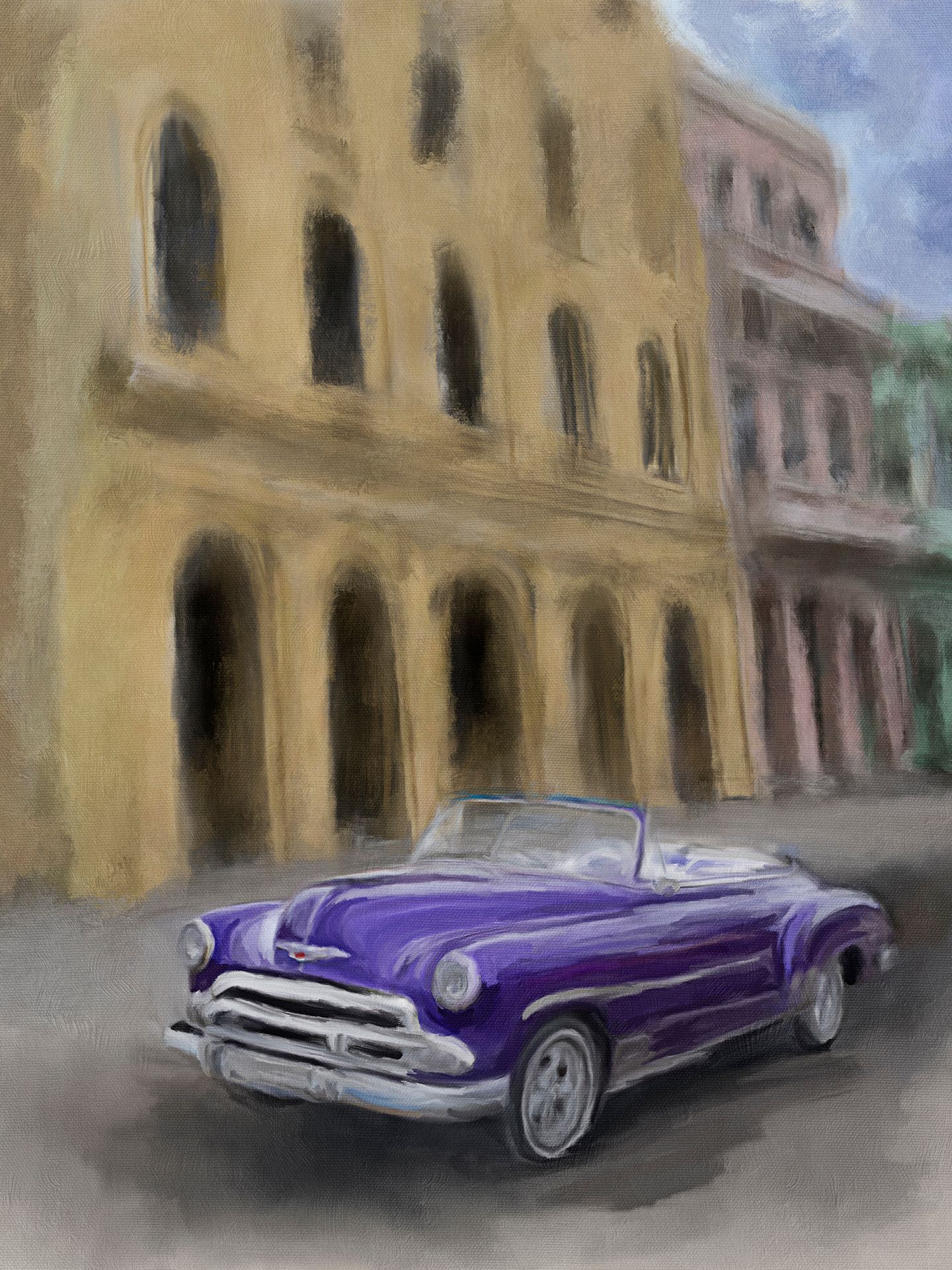 Personal painting by Bobbie Bush from her Cuba travels. A painting of a classic vintage purple convertible along a Cuban street.