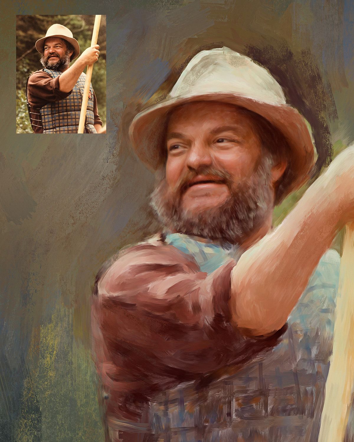 Memorial portrait painting of a respected river guide with a joyful expression. Showing the original source photo.