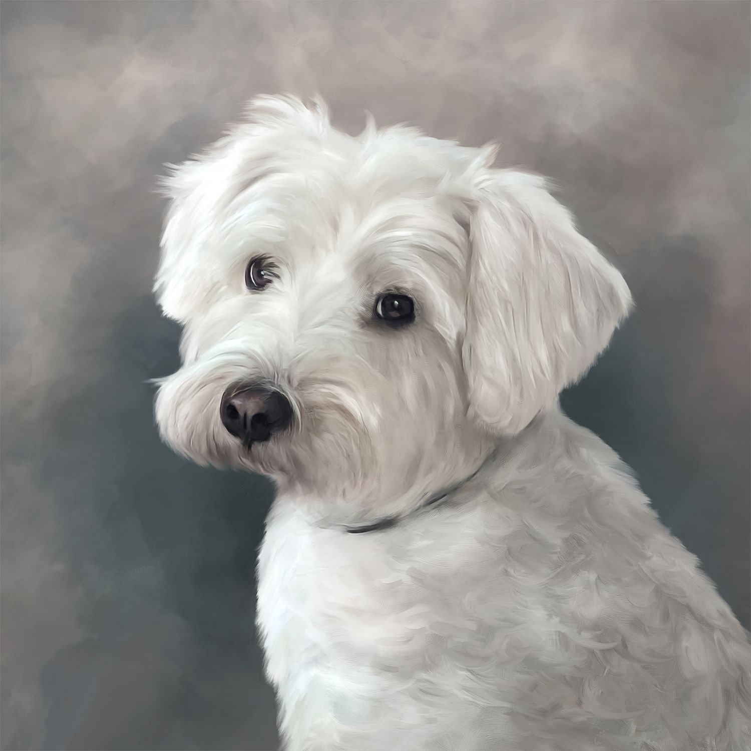 A portrait painting of a fluffy white dog with expressive eyes and shaggy fur.