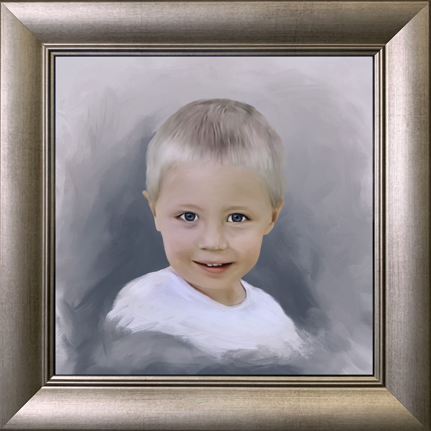 Framed portrait painting of a young boy in white against a muted painterly background.