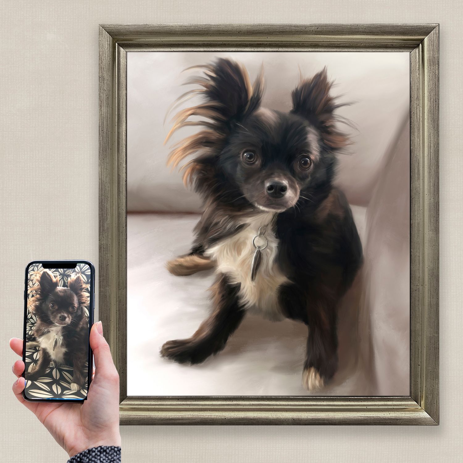 Before and after of a beloved long haired chihuahua's memorial pet portrait painting.