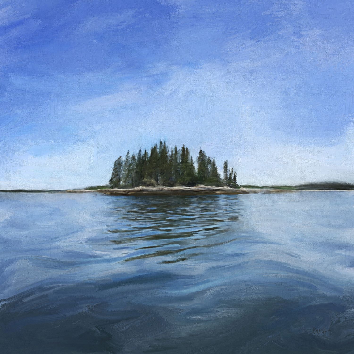 Small island sits on calm waters under blue skies with reflections on the ocean surface. Landscape painting by Bobbie Bush.