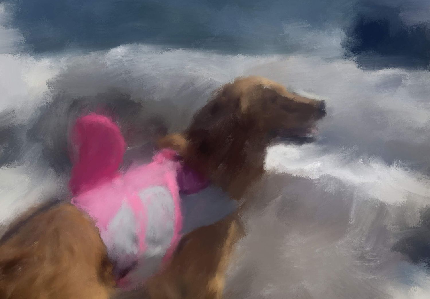 A work in progress of a golden retriever painting in her boat sporting a pink shark life vest.