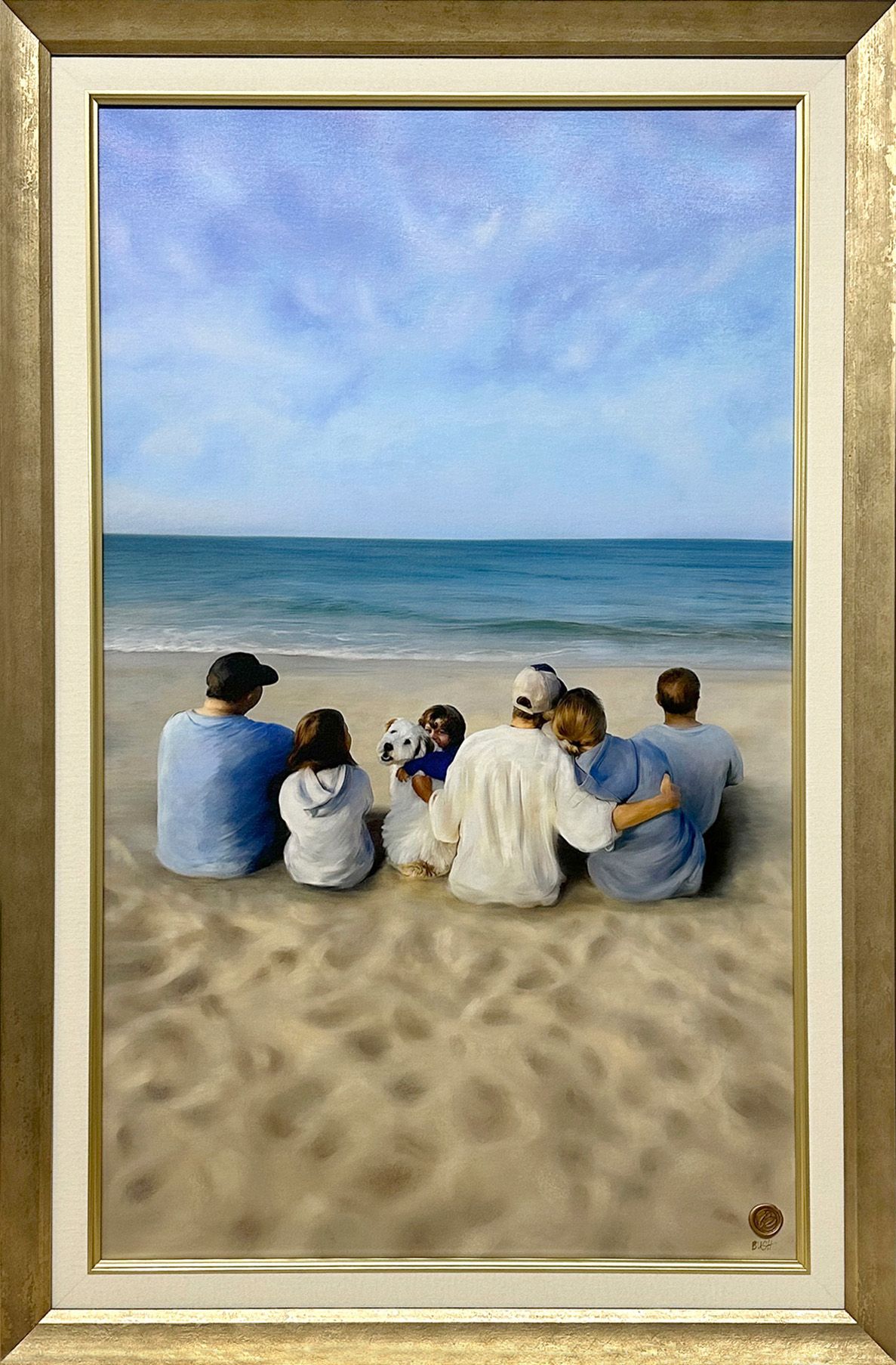 A painting commission of a family group sitting together on the last day of vacation on Nantucket. The last photo with their family dog.
