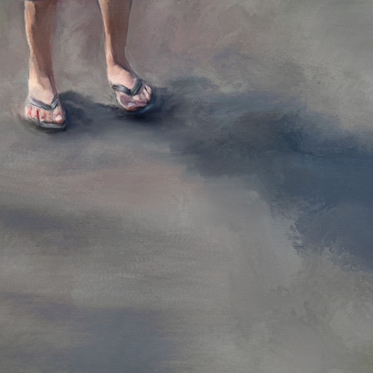 Detail of a painting in progress. A young boy's feet wearing flip-flops standing on grey painted surface.
