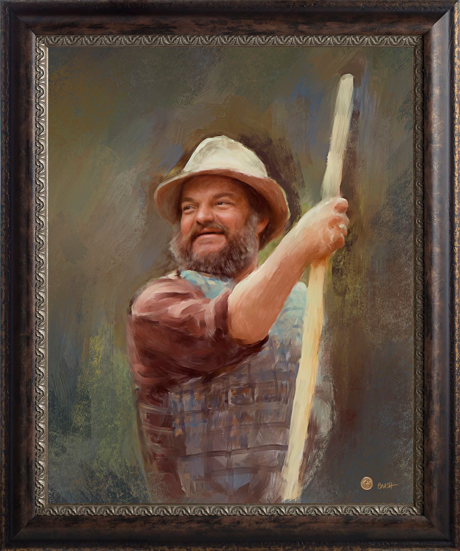 Memorial portrait painting of a respected river guide with a joyful expression.