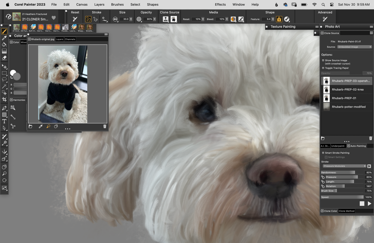 Close-up view of a white fluffy Maltipoo dog's face painted in painting software. Work in progress.