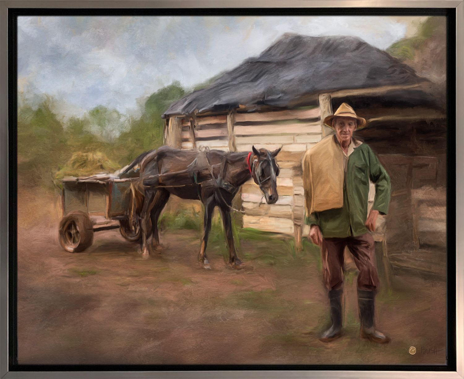 Finished framed canvas painting by Bobbie Bush of a personal travel inspired painting of a Cuban farmer on his tobacco farm.