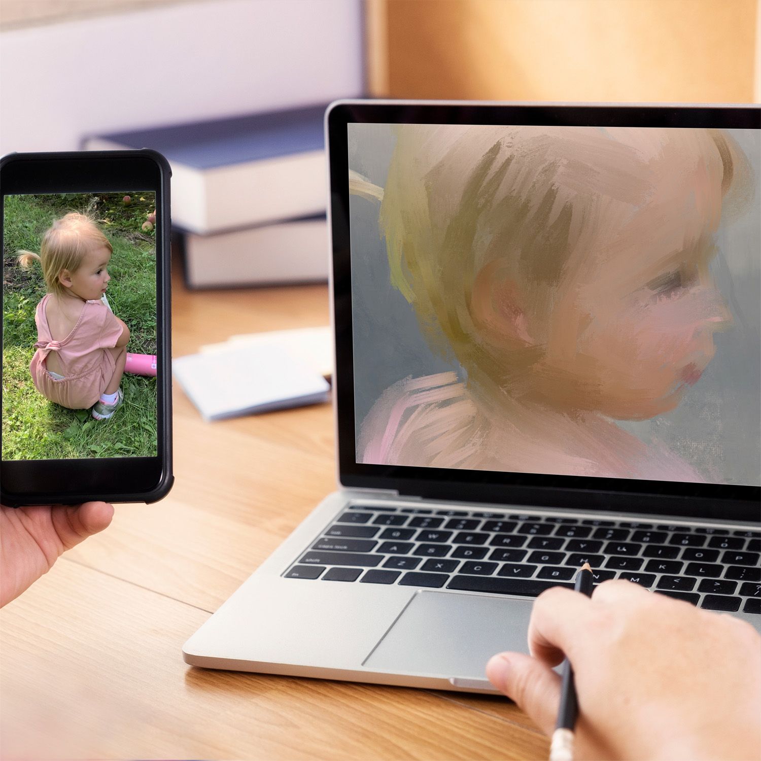 A laptop and smartphone displaying a child's photo being used as a reference for a work in progress painting.