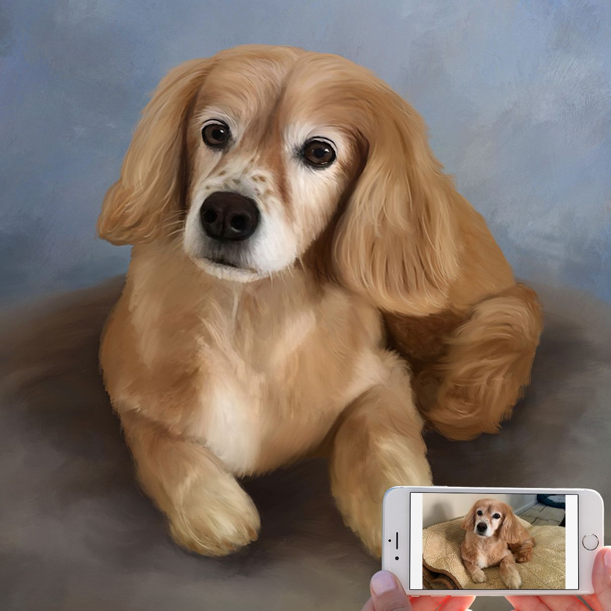 Before and after views of a reddish-golden dog pet portrait painting from an original snapshot.