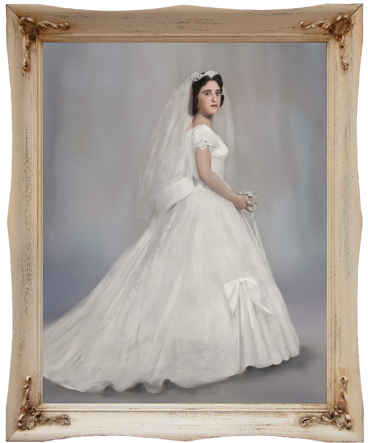 A restored formal bridal portrait painting of a client's mother, created at the time of her passing.