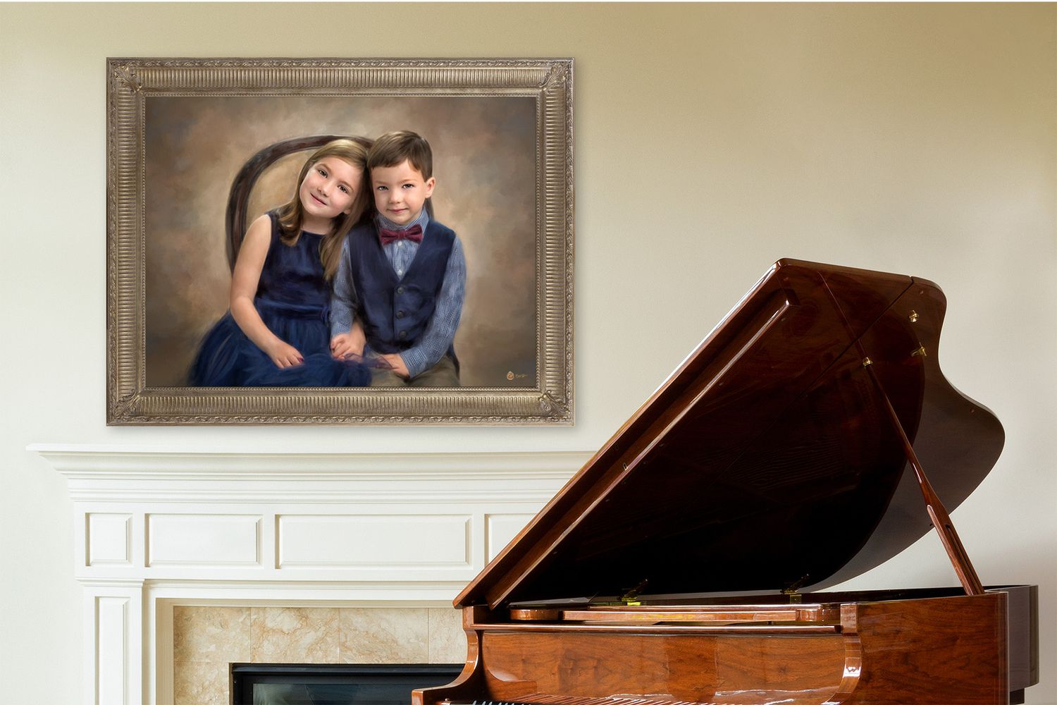 A framed portrait painting of two siblings, displayed on the wall over the mantle, and next to the piano.