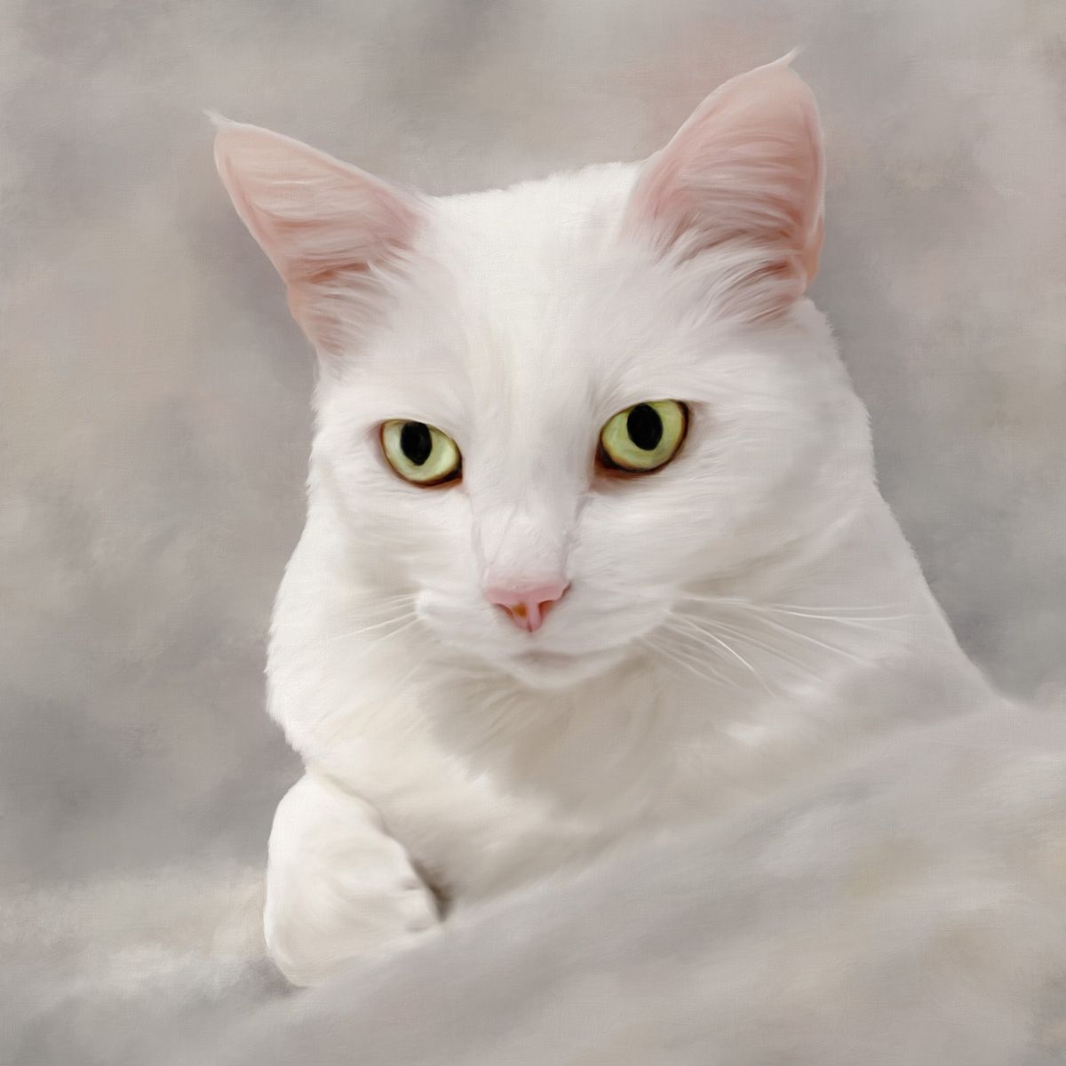 Portrait painting of an elegant white cat with striking green eyes against a soft grey background.