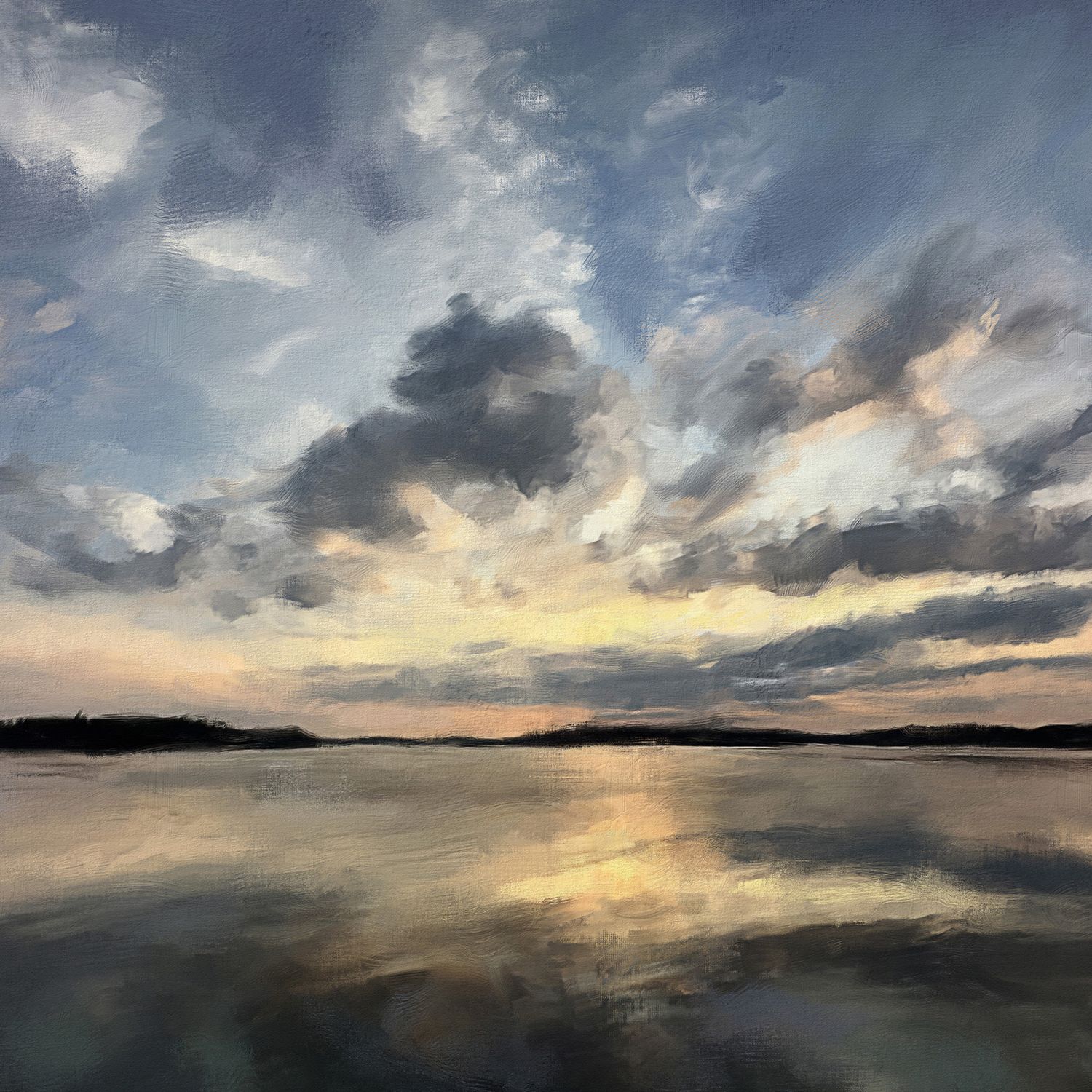 Dramatic sunset clouds reflect in still waters of a peaceful coastal inlet. Landscape painting by Bobbie Bush.