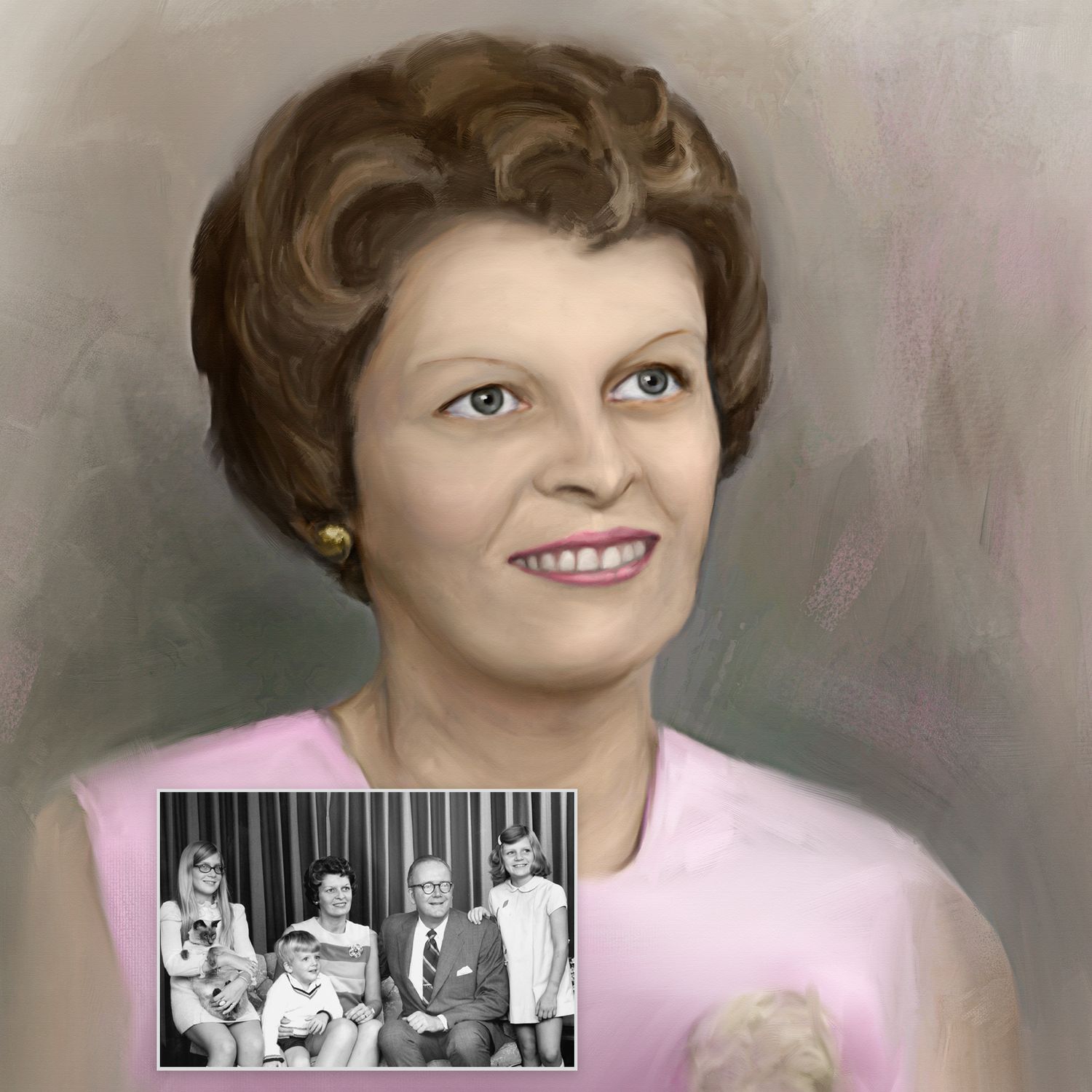 A vintage photographic portrait sequence with black and white film strip details.