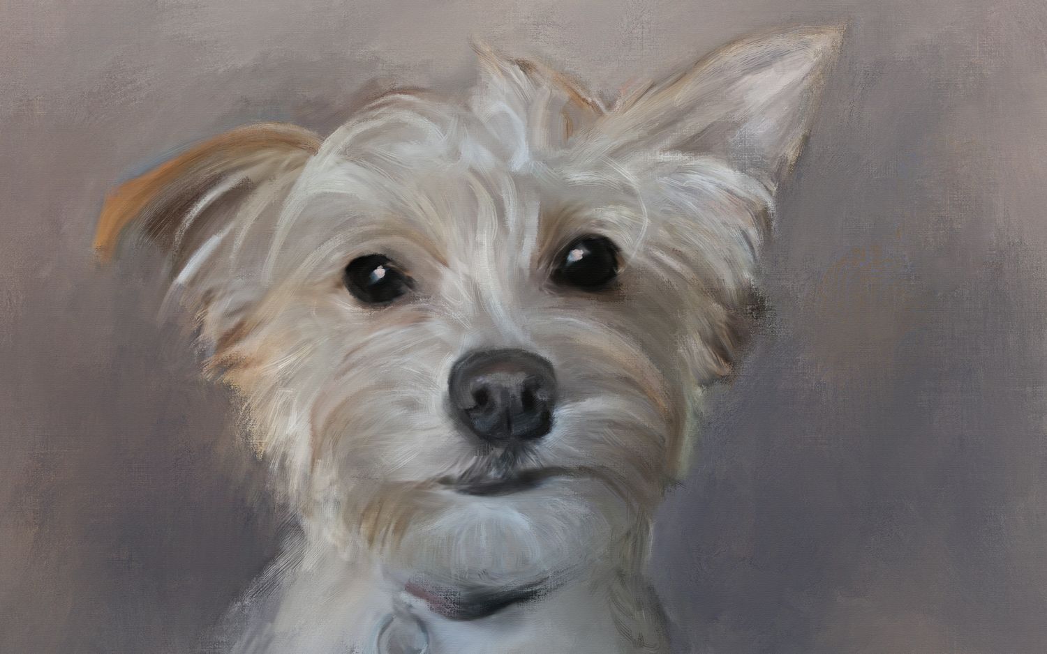 Close up detail of a portrait painting of a small white dog named Teddy.