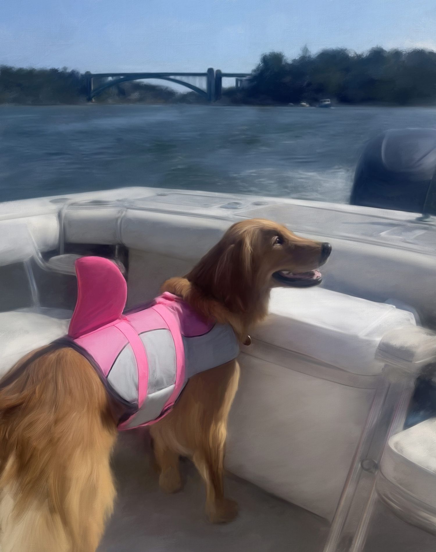 A painted portrait of a golden retriever wearing a pink shark life vest.  Winner of Bark The Vote for Dog Mayor of Seaport Boston.