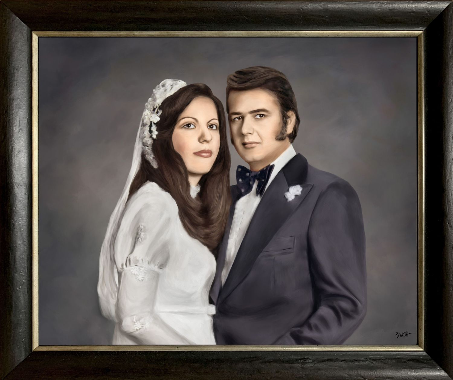 A vintage wedding portrait painting of a couple, transformed from a faded color photo.
