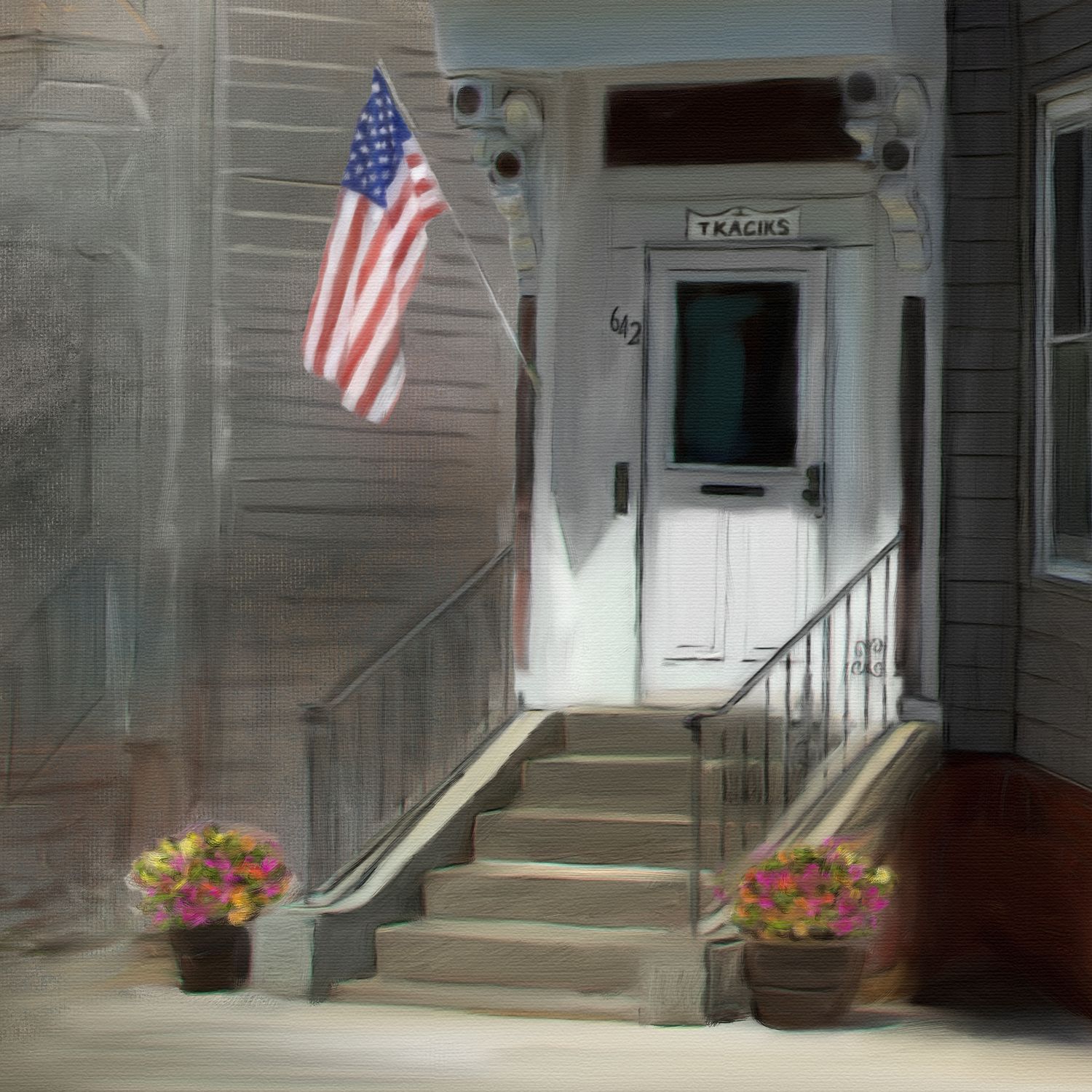 Detailed view of house portrait painting. White door entrance with concrete steps, American flag, and flower pots on a gray house exterior.