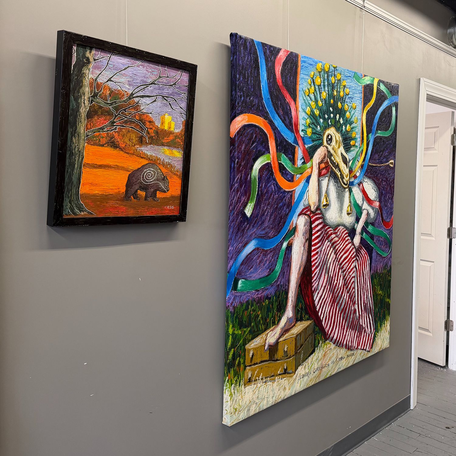 Gallows Hill Artists studio interior, with paintings on display. In Salem MA.