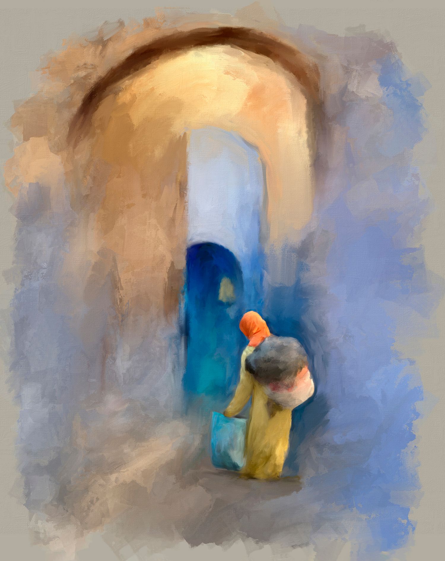 Expressive painting with tones of ochre, yellow, and turquoise colors in Morocco.