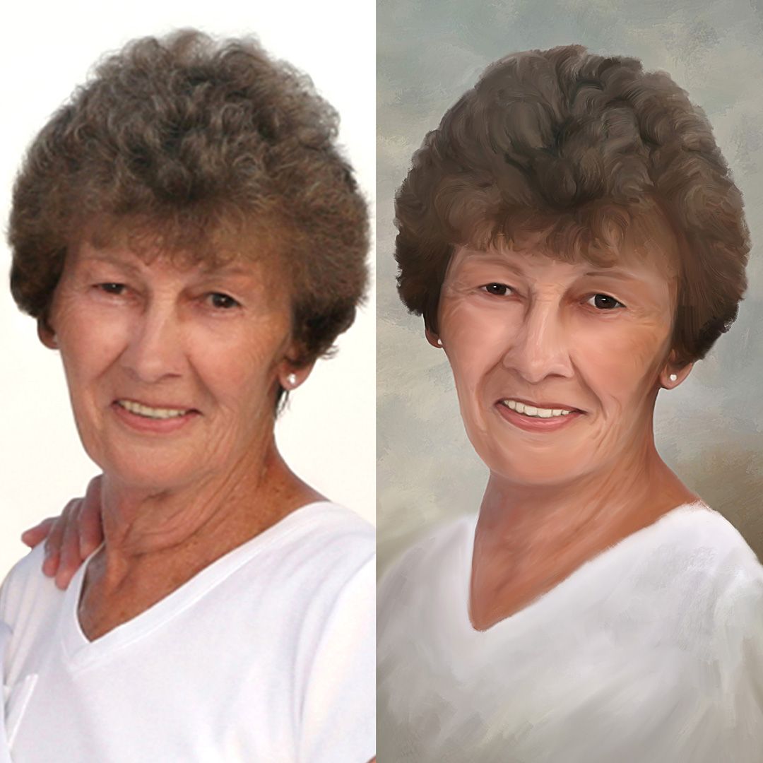 Side-by-side before and after, of a memorial painting. A snapshot of a mother, taken from a group photo and transformed into a painting.