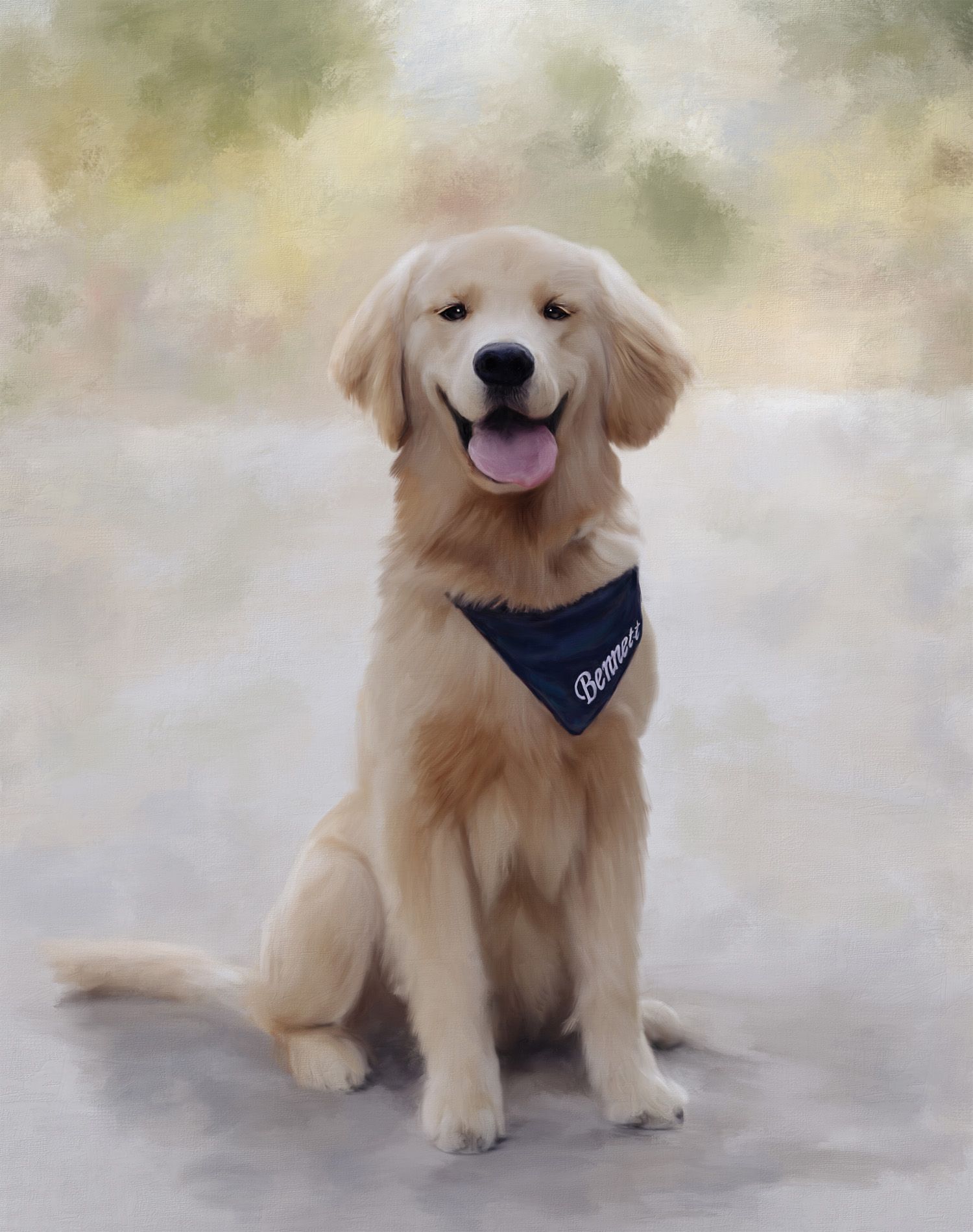 A pet portrait painting of a golden retriever  with a big playful expression and a blue bandana.