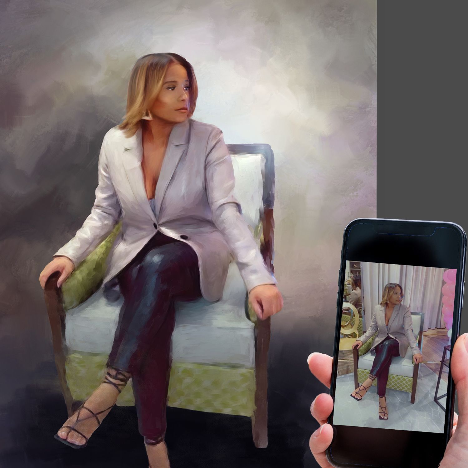 Before and after of a painting commission of a beautiful woman.