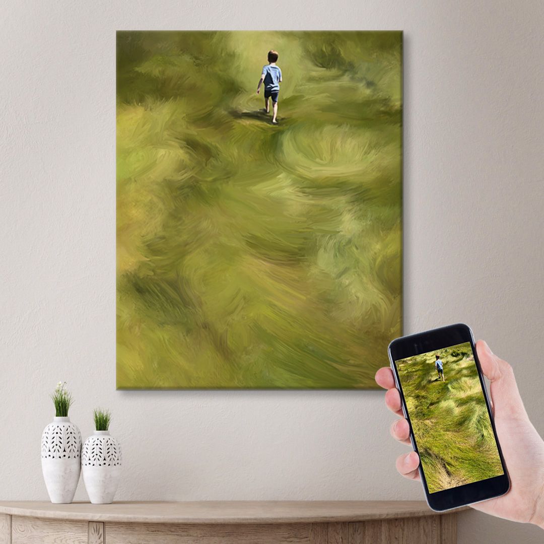 A special painting commission of little boy running through the marshes. The original snapshot is shown.