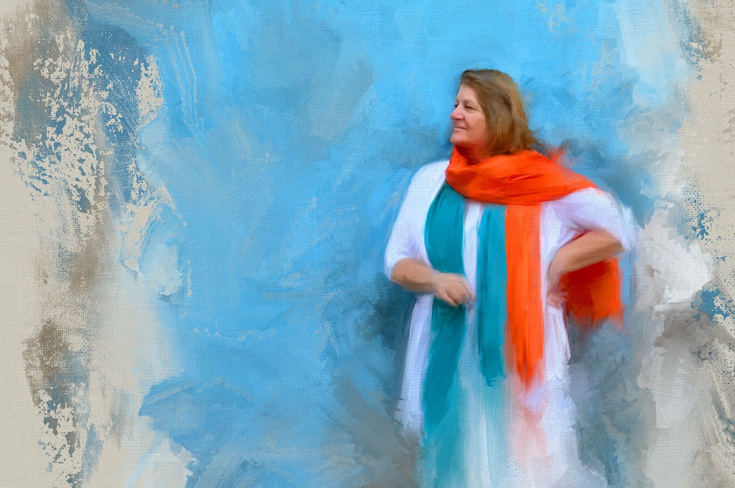 Expressive self-portrait of the artist in orange scarf against ethereal blue background.