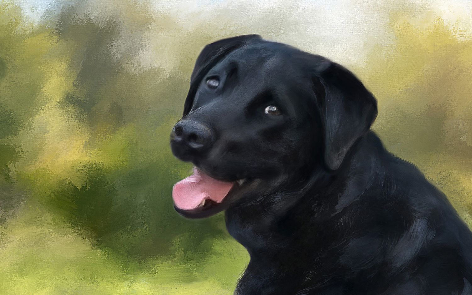 Detail of a pet portrait painting of a black lab.