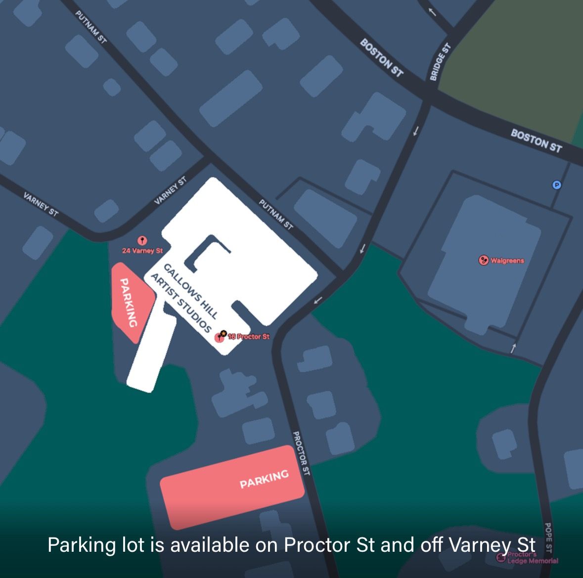 Gallows Hill Artists parking map near 16 Proctor Street Salem MA