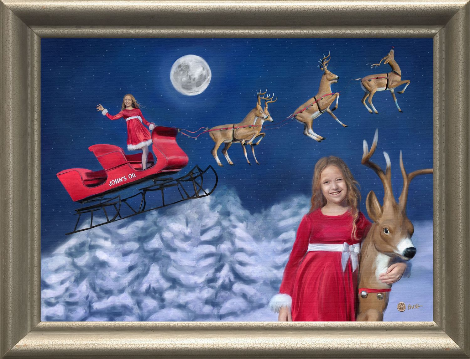 Finished framed custom artwork depicting a magical Christmas scene with reindeer pulling a sleigh over snowy trees.