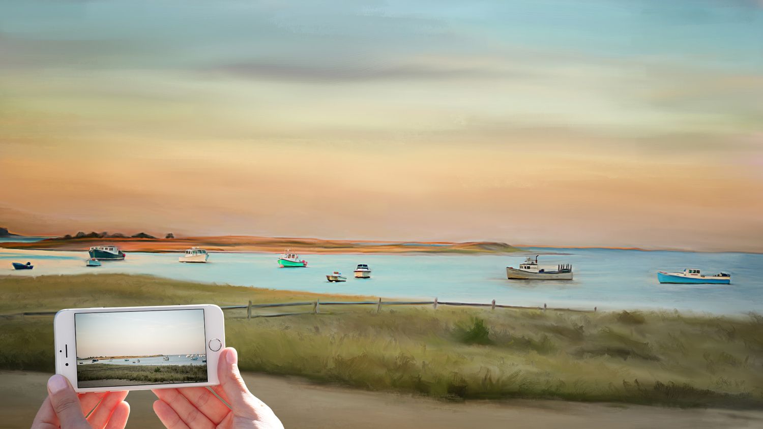 Before and after of custom artwork of coastal scene with boats on water.