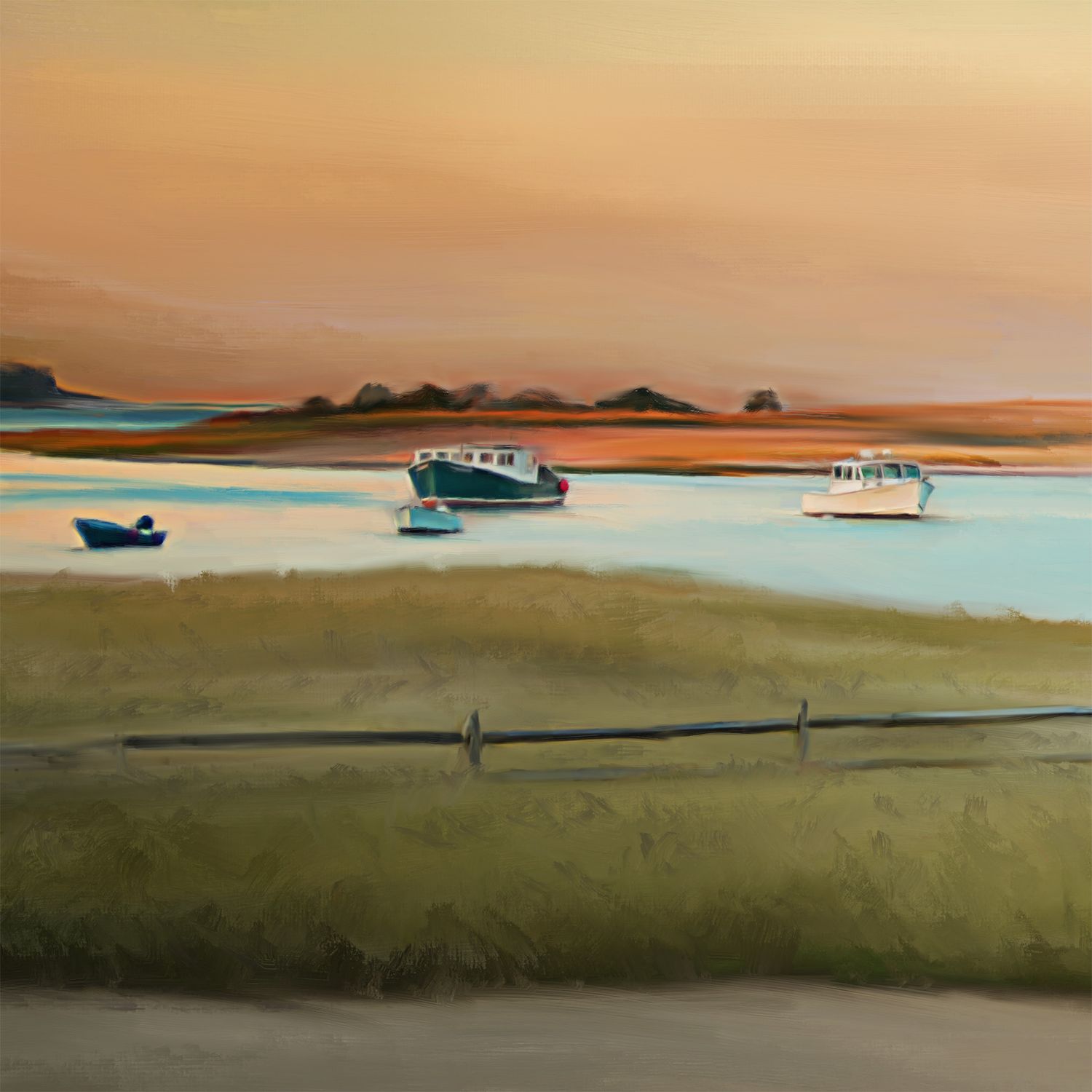 Detail of custom artwork of a serene coastal harbor at sunset with small boats. Celebrating a wedding anniversary.