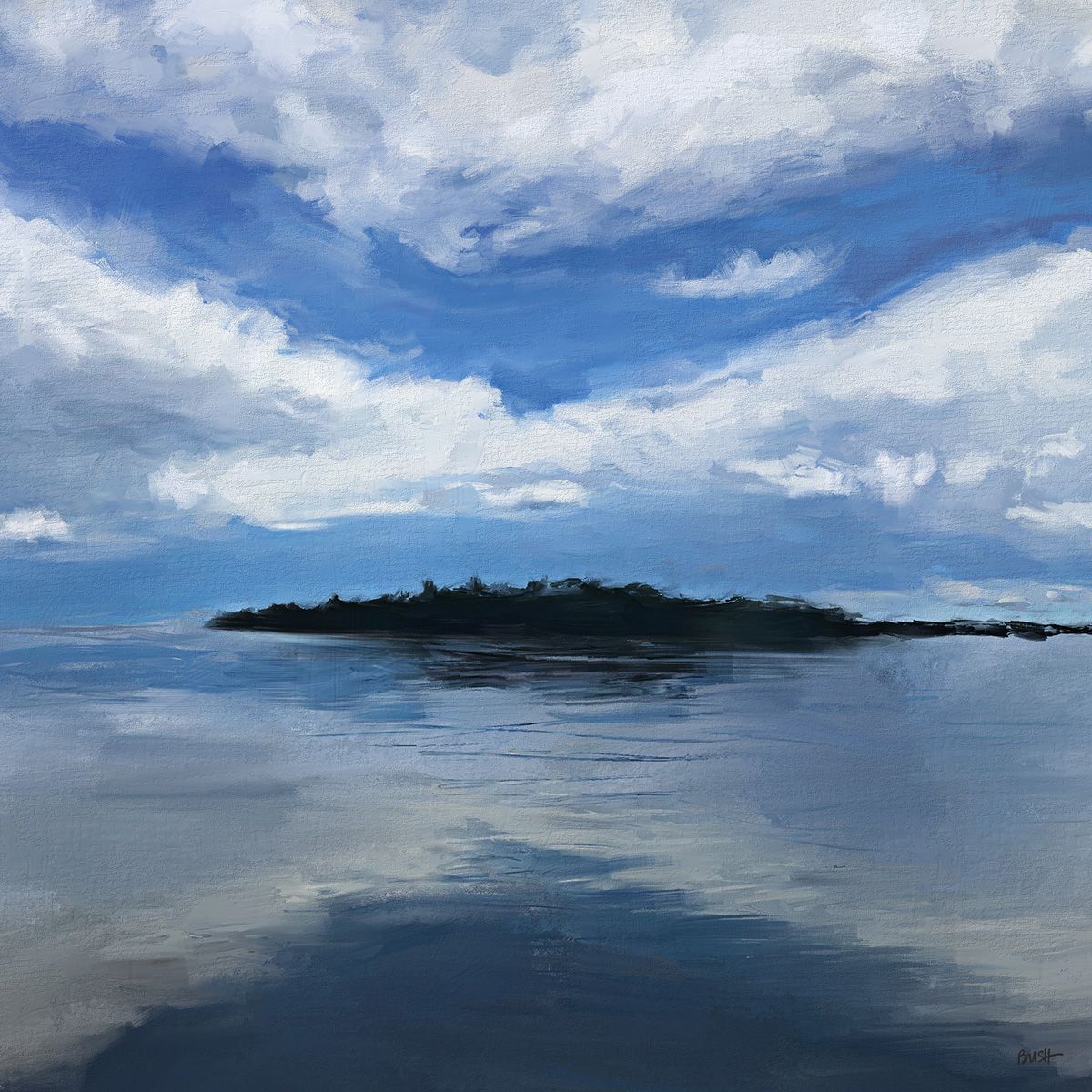 Tranquil island silhouette reflected in mirror-like waters under dramatic clouds. Landscape painting by Bobbie Bush.